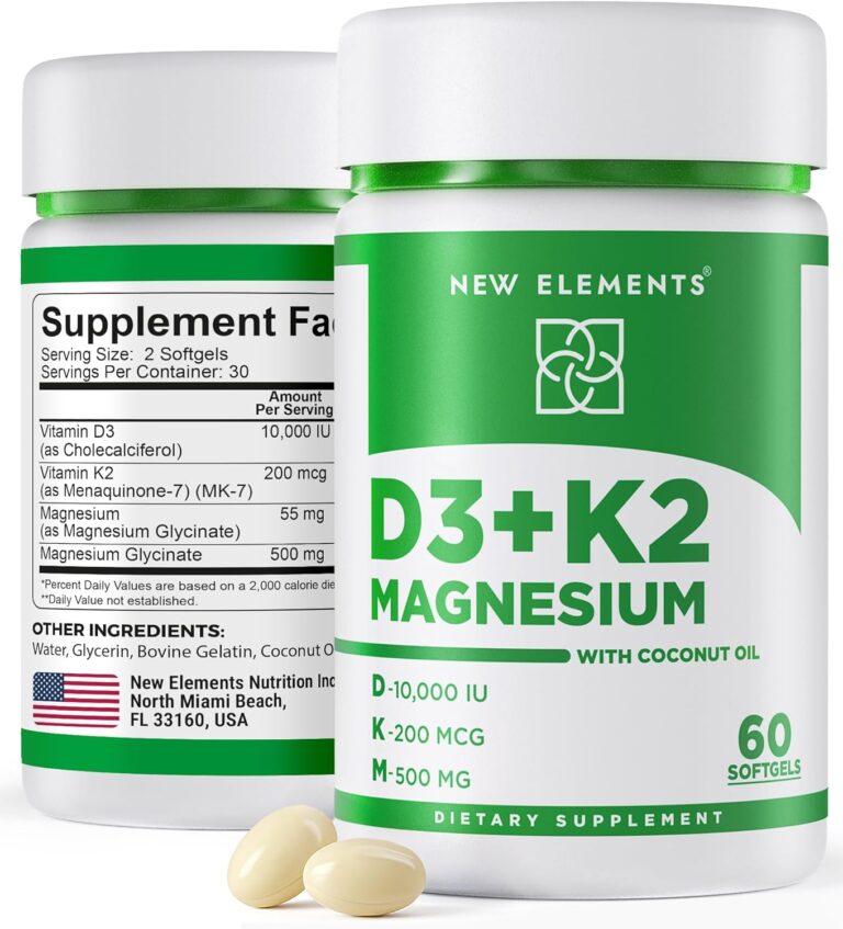 New Elements Vitamin D3 K2 10,000 IU with Magnesium Glycinat...